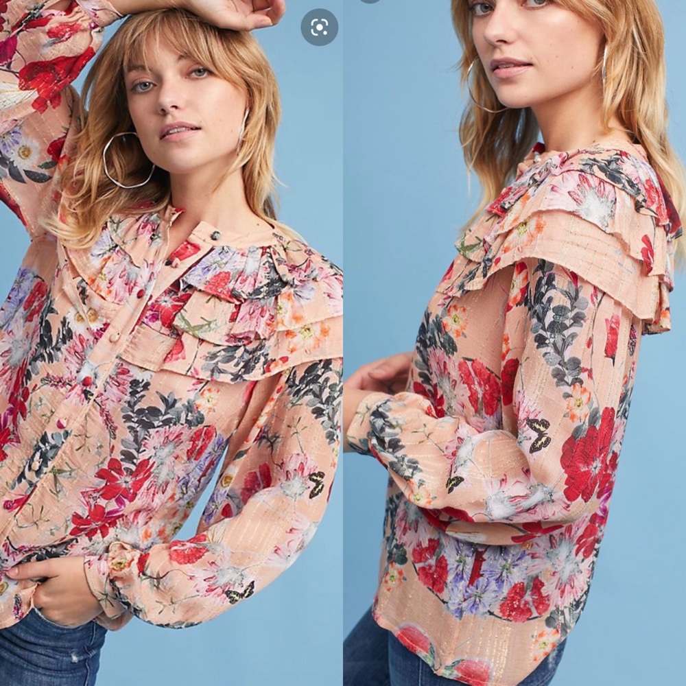 Anthropologie Korovilas Metallic Floral Buttondown